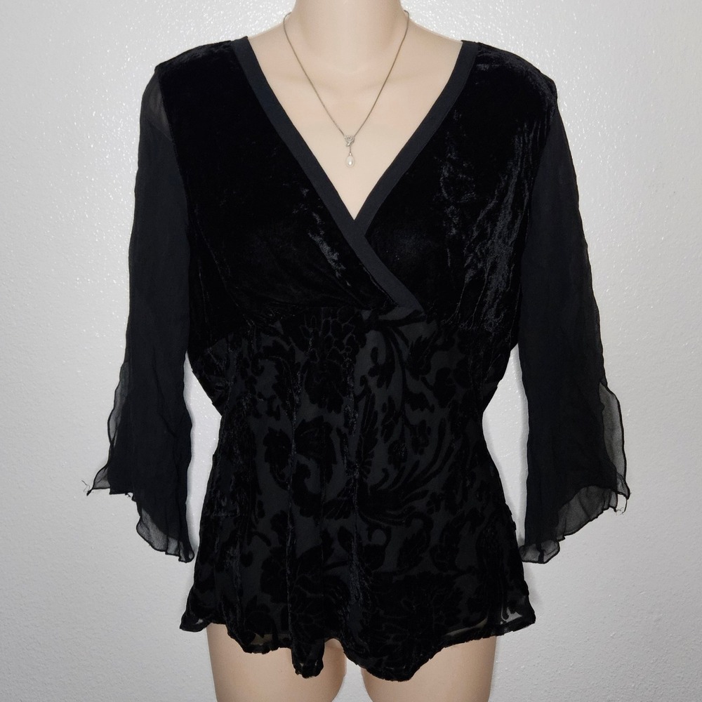 Worthington Black Velvet V-Neck‎ Bell Sleeve Blouse